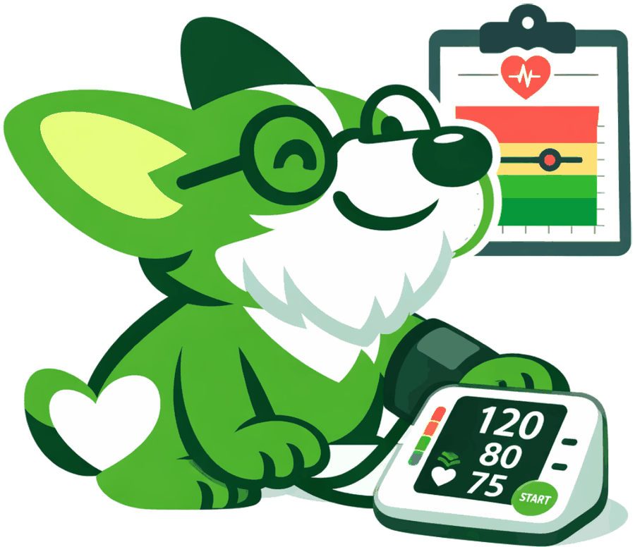 Kairi mascot checking a blood pressure monitor reading next to a health chart
