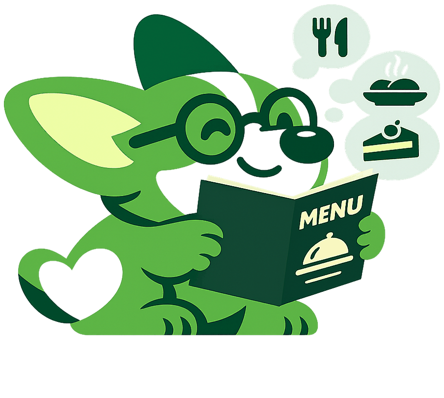 Kairi mascot reading a restaurant menu, imagining dishes