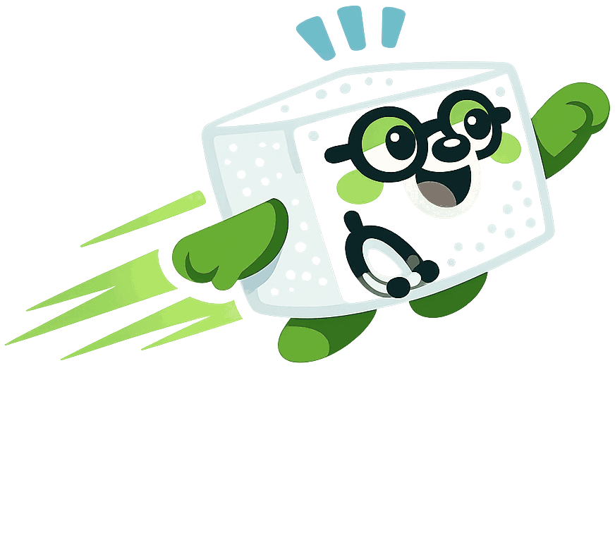 An illustrated sugar cube character dashing across the page