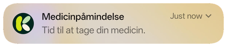 En notifikation fra Kairi med teksten Medicinp&aring;mindelse: Tid til at tage din medicin