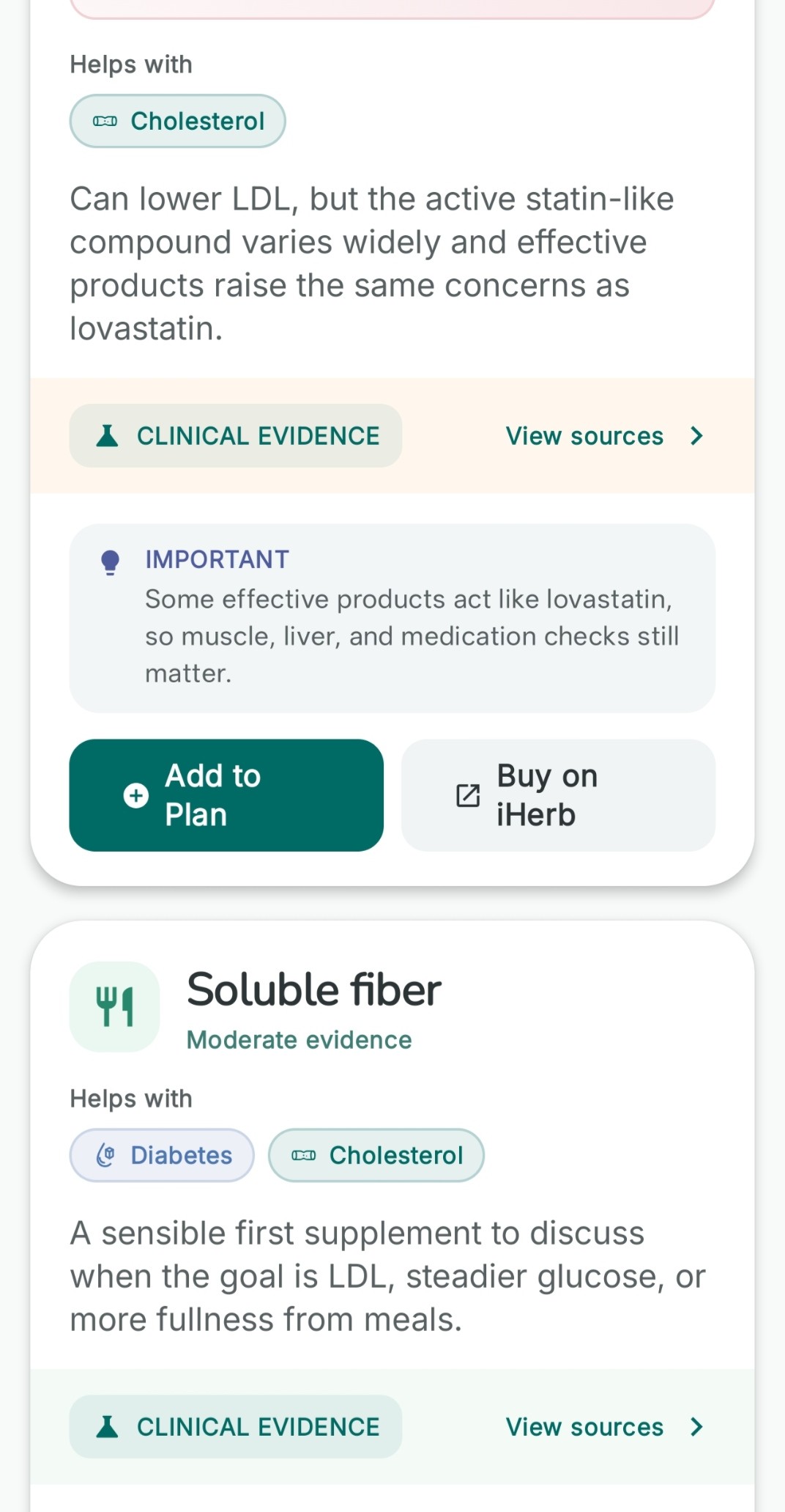 Cited supplements screen in the Kairi app